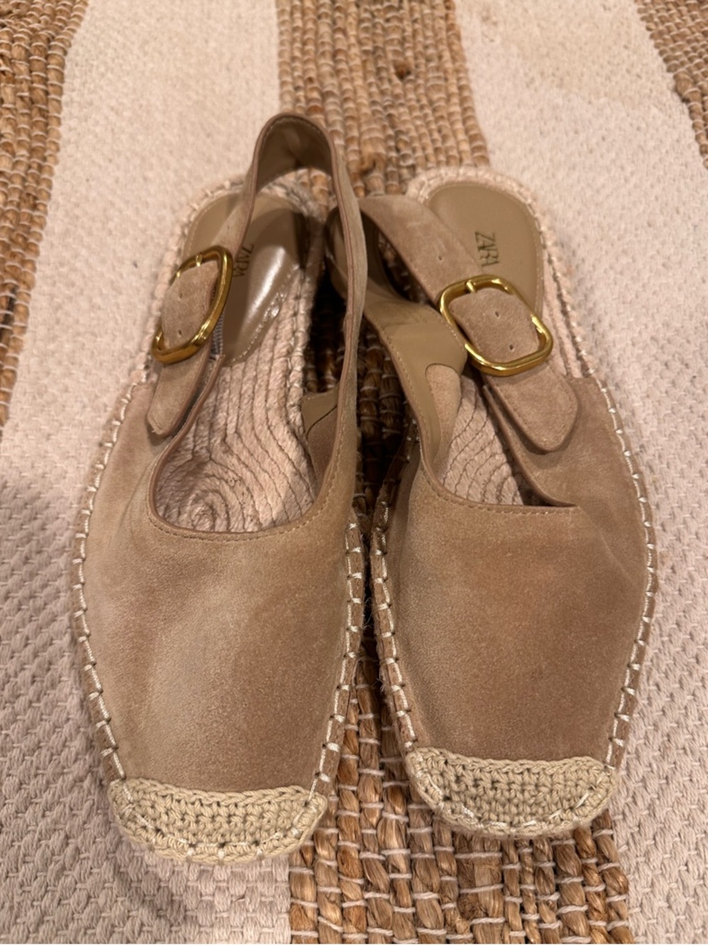 Zara Tan Suede Espadrille Slingback with Gold Buckle-Size 37